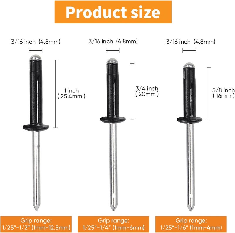ALLCLEAN 3/16" x 5/8"-3/4"-1" Tri-Fold Rivets Assortment - 75Pcs,Black Tri-fold Exploding Pop Rivets Solid Aluminum Tri Grip Rivets Bulb Style Rivets for Kayak Marine Boat - Image 3